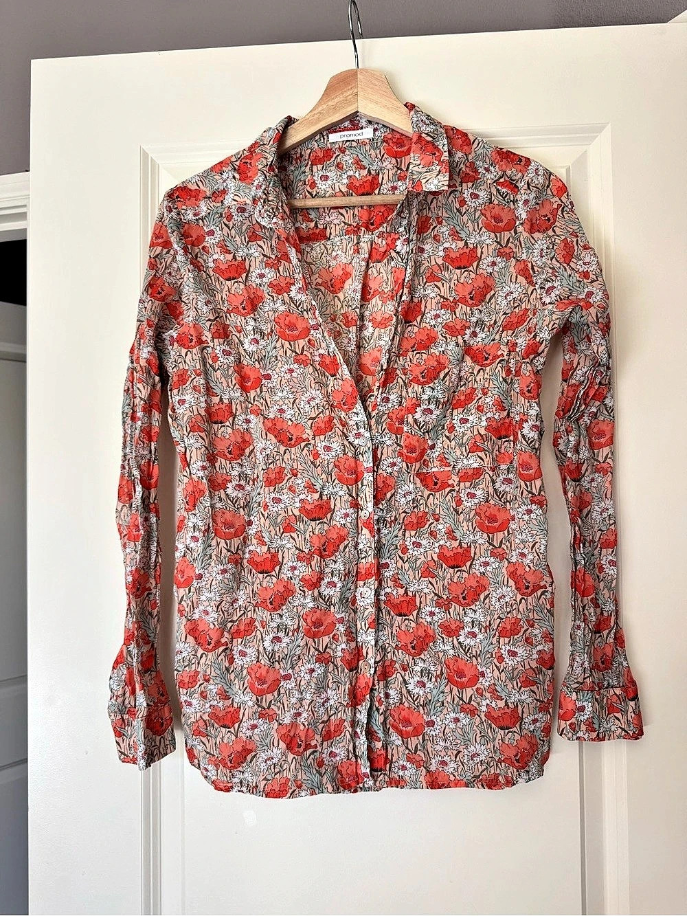 Promod Floral Button Down Blouse in Red & Gray
